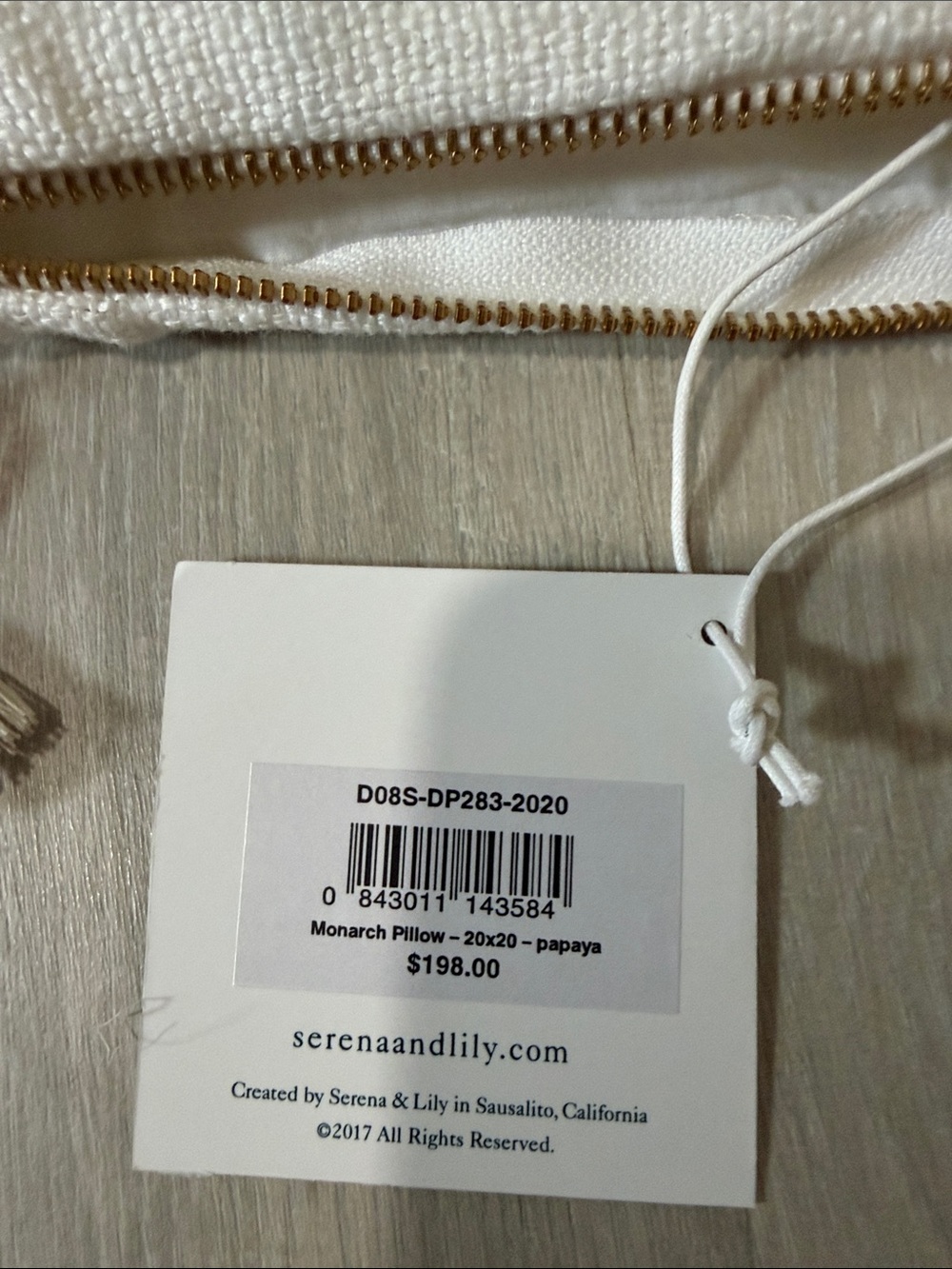 NWT Serena & Lily White Pillow Cover with Gold Zipper - Picture 3 of 5
